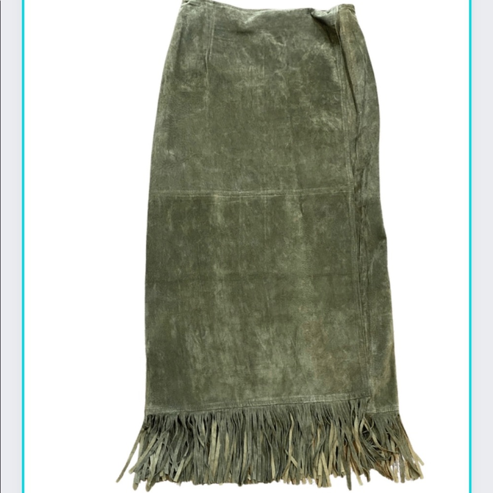 Double D Ranch Olive Green Suede Maxi Skirt with Fringe